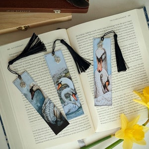 Swans of Ireland Paper Bookmark with tassel and rose charm, set of 3 swan artwork bookmarks bird lover gift for her, romantic gift image 1