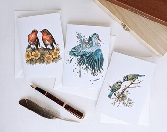 Birds in Love Greeting Card Set, Songbird Greeting Card, Bird Pair Greeting Card Set, Watercolour Bird Art Cards, garden lover gift for mom