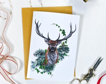 Red Deer Christmas card with gold envelope, Irish wildlife blank greeting card, red deer stag gift from Ireland, Christmas deer festive card