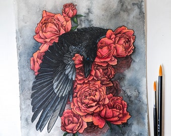 Aquarelle originale de corbeau et de roses, peinture de tatouage de corbeau, oeuvre d'art signée corbeau, art mural fait main oiseau noir corbeau, cadeau corvidé