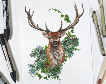 Red Deer original artwork, deer portrait illustration with evergreen floral elements, stag portrait gift, deer decor artwork Irish gift