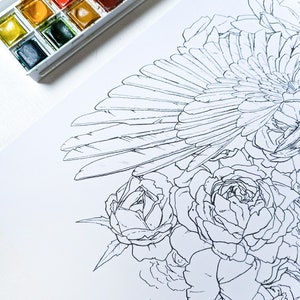 Raven coloring page with roses, adult coloring book page, crow watercolor floral coloring for adults, raven fantasy coloring sheet image 4
