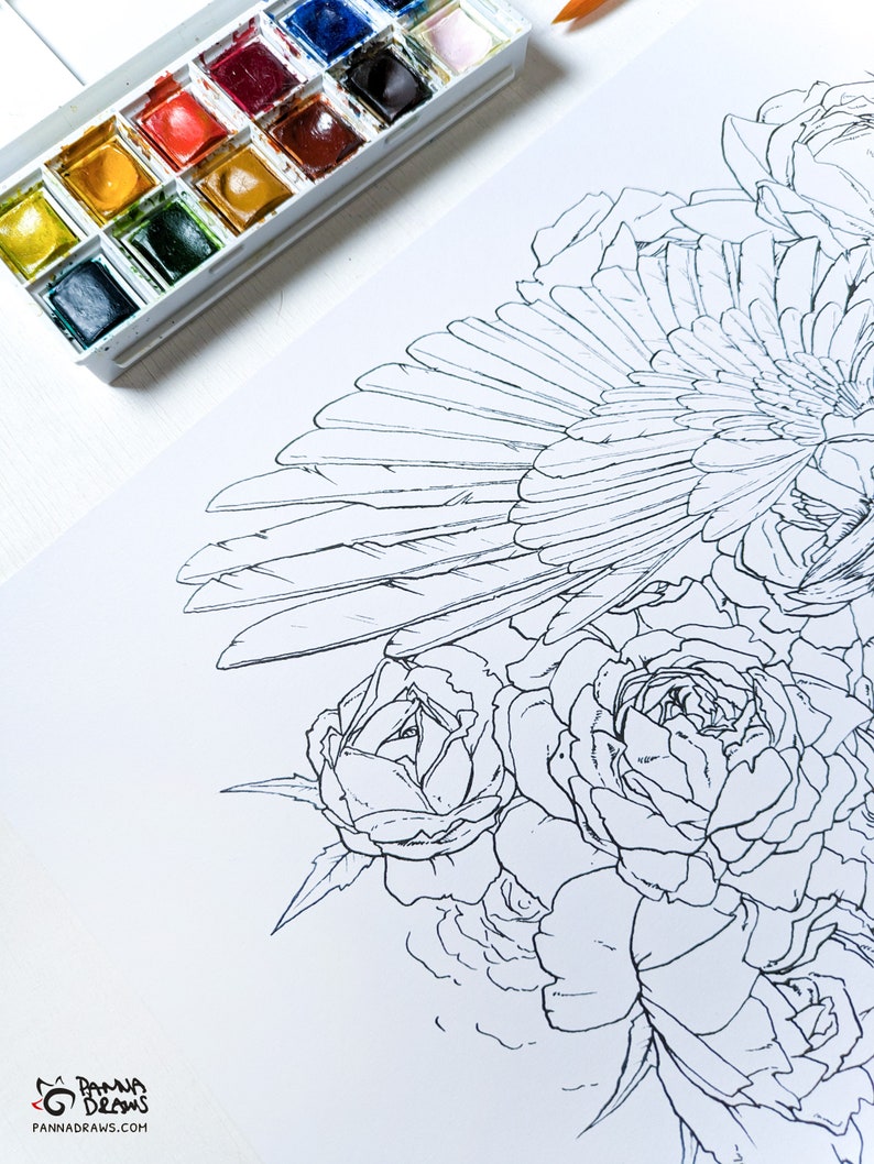 Raven coloring page with roses, adult coloring book page, crow watercolor floral coloring for adults, raven fantasy coloring sheet image 4