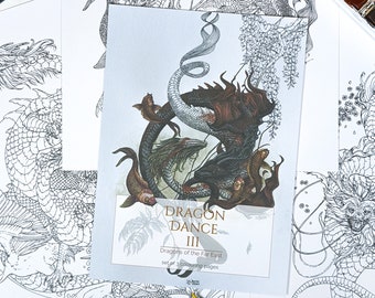 Dragon Dance 3 - Fantasy Coloring Pages | Coloring Book Pages (Set of 3) | Watercolor Adult Coloring with Dragons | Oriental Art (Printed)