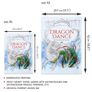 May include: Two coloring book pages featuring a detailed illustration of two dragons dancing in a blue and green underwater scene. The pages are titled "Dragon Dance" and are available in two sizes: 8.3 inches by 11.7 inches and 11.7 inches by 16.5 inches.