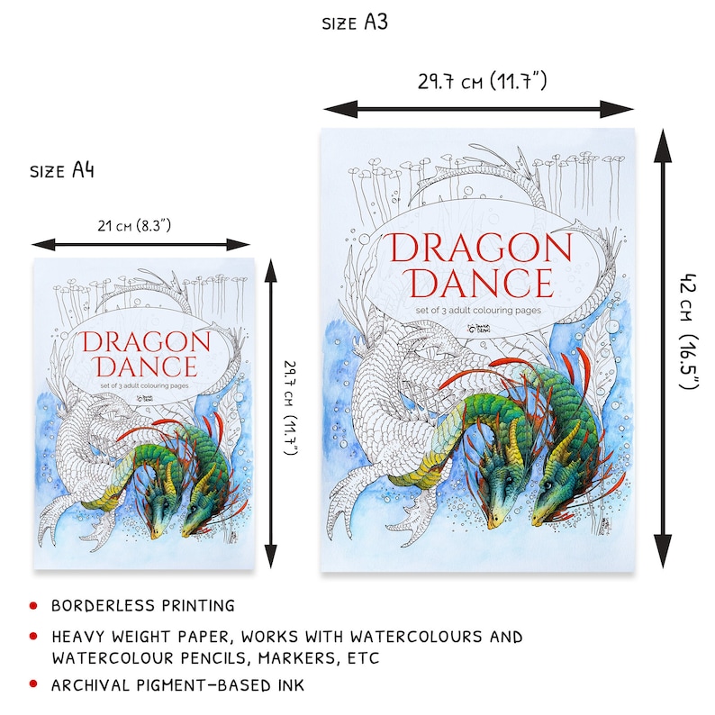 May include: Two coloring book pages featuring a detailed illustration of two dragons dancing in a blue and green underwater scene. The pages are titled "Dragon Dance" and are available in two sizes: 8.3 inches by 11.7 inches and 11.7 inches by 16.5 inches.