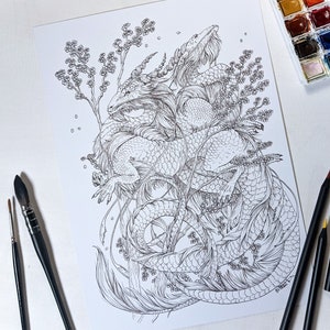 May include: A black and white line drawing of two dragons intertwined with each other. The dragons are surrounded by delicate floral designs. The drawing is on a white background.
