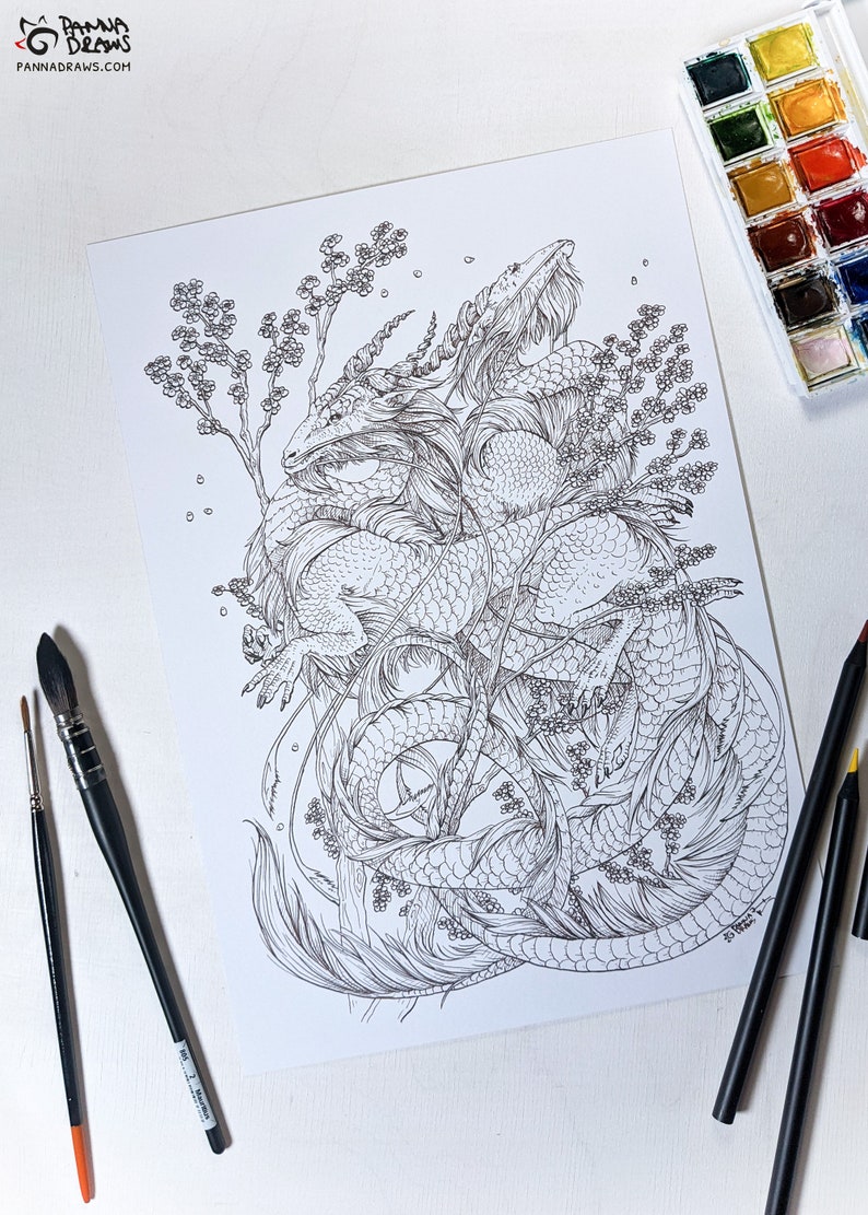 May include: A black and white line drawing of two dragons intertwined with each other. The dragons are surrounded by delicate floral designs. The drawing is on a white background.