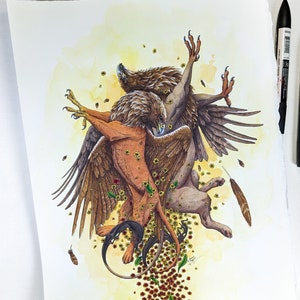 Griffin che disegna l'arte originale del pennarello, la pittura fantasy a tecnica mista, l'opera d'arte firmata dal regalo della bestia fantasy, il regalo del grifone fantasy fatto a mano