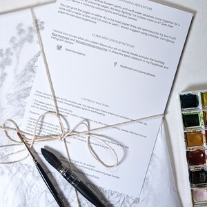 May include: A set of printable coloring pages featuring dragons, mythical creatures, and Eastern spirits. The pages are designed for use with A3 or A4 paper and are optimized for thicker, non-glossy paper. The text on the page reads "A Draconic Coloring Adventure" and includes copyright and terms of use.