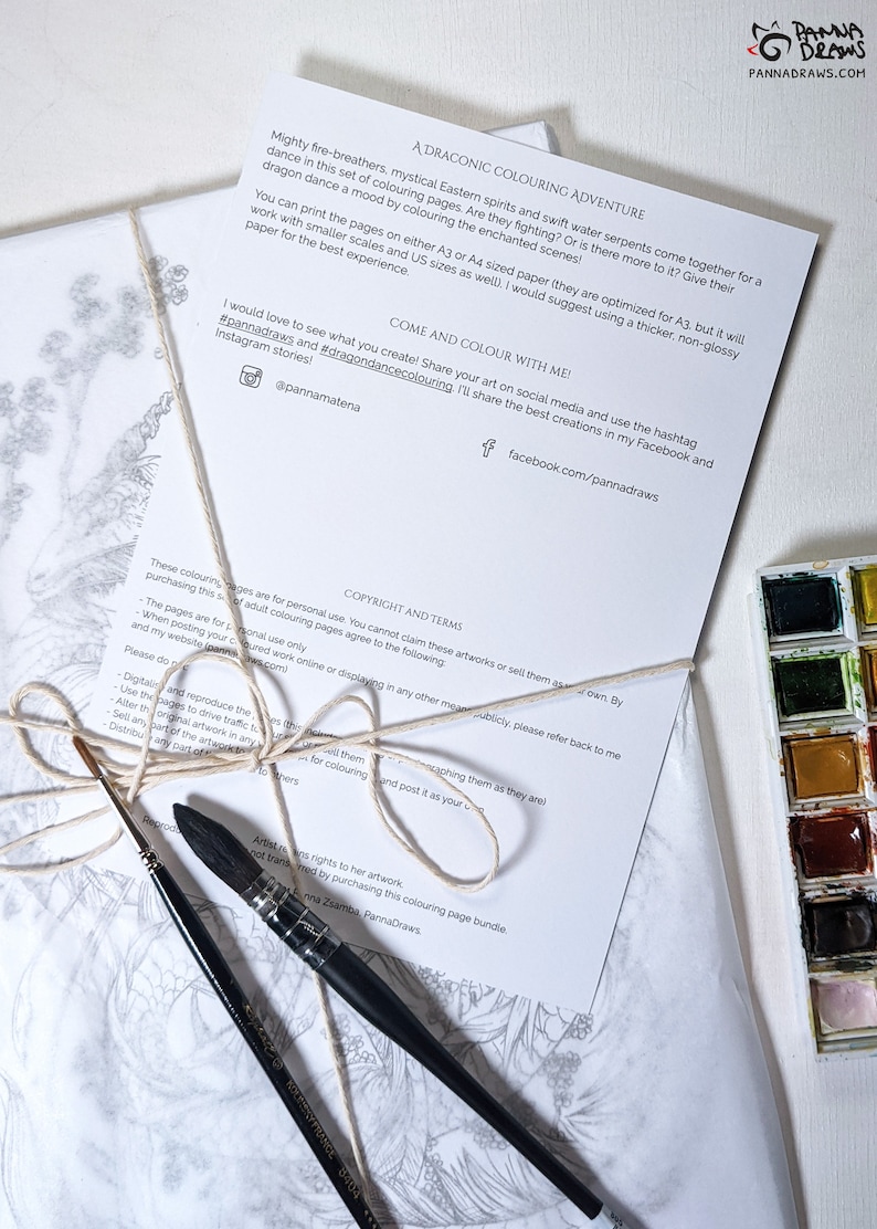 May include: A set of printable coloring pages featuring dragons, mythical creatures, and Eastern spirits. The pages are designed for use with A3 or A4 paper and are optimized for thicker, non-glossy paper. The text on the page reads "A Draconic Coloring Adventure" and includes copyright and terms of use.