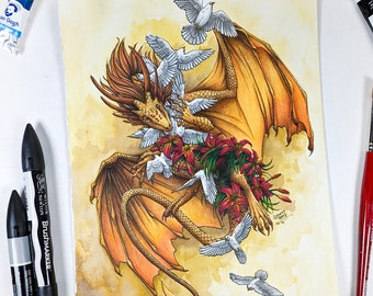 Apologies - Gold Dragon and Doves original artwork, fantasy art dragon lover gift, real art gold dragon drawing Irish gift