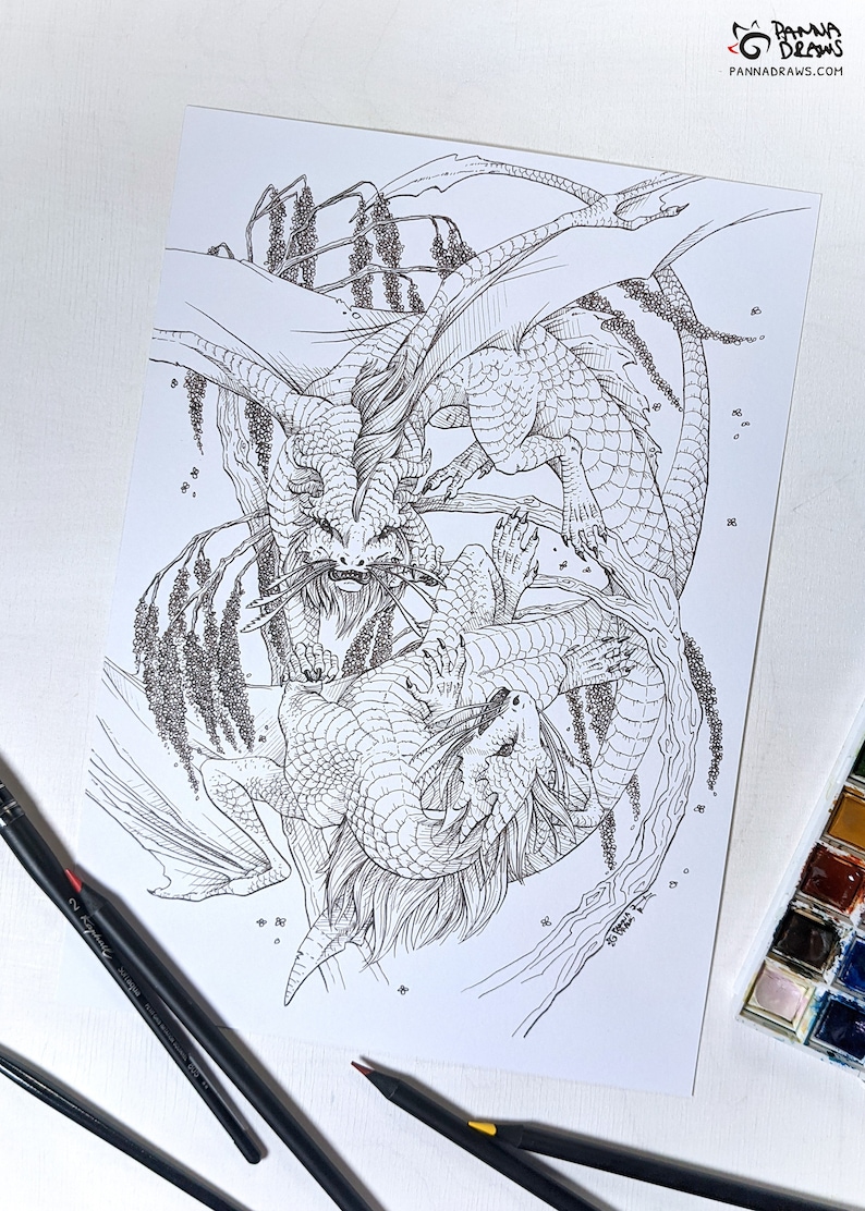 May include: A black and white line drawing of two dragons intertwined around a tree branch. The dragons have detailed scales and intricate facial features. The drawing is on a white background.