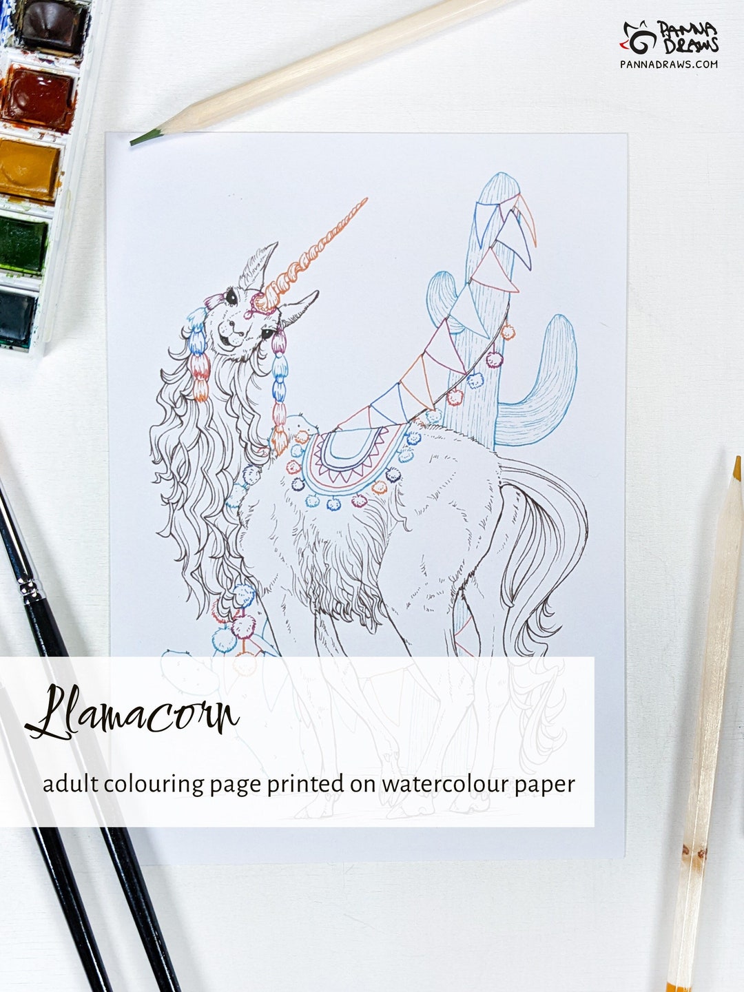 Llamacorn Coloring Page With Colored Lines Printed on Watercolor Paper ...