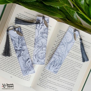 Dragon Dance Paper Bookmark with tassel and feather charm set of 3 - dragon artwork bookmarks fantasy gift dragon lover book fan dragon gift