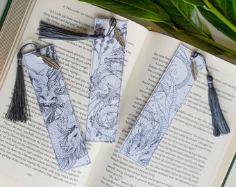 Dragon Dance Paper Bookmark with tassel and feather charm set of 3 - dragon artwork bookmarks fantasy gift dragon lover book fan dragon gift