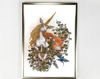 Fox and Unicorn art print, fantasy print, watercolor print fox gift, unicorn print, fantasy artwork unicorn gift, fox poster print