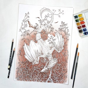 Bonds dragon drawing, original fantasy art, dragon wall decor, dragon gift, dragon art fantasy fan gift, bedroom decor fantasy art