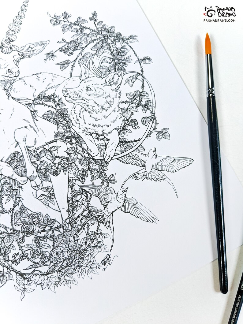 Fox and Unicorn Coloring Page With Roses Swallows - Etsy