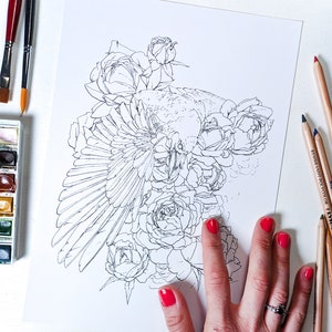 Raven coloring page with roses, adult coloring book page, crow watercolor floral coloring for adults, raven fantasy coloring sheet image 5