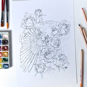 Raven coloring page with roses, adult coloring book page, crow watercolor floral coloring for adults, raven fantasy coloring sheet image 6