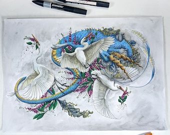 Dragon and egrets original painting, mixed media painting original artwork, fantasy painting unique gift, Irish dragon fantasy gift