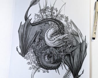Original Dragon Illustration | "Rosehips" | Pen and Ink Fantasy Wall Art, No AI