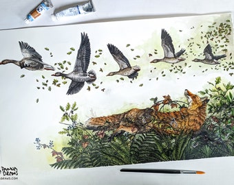 Pittura ad acquerello originale di volpe e oche, regalo di volpe per gli amanti della volpe, regalo di arte della fauna selvatica irlandese, decorazione di volpe con pittura d'oca e piante irlandesi