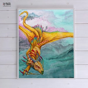 Dragon art print, fantasy art poster print dragon wall art golden dragon watercolor print flying dragon artwork fantasy lover wall art gift