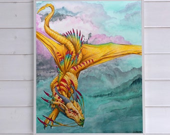 Dragon art print, fantasy art poster print dragon wall art golden dragon watercolor print flying dragon artwork fantasy lover wall art gift