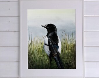 Magpie print, Irish bird watercolor art print, garden bird print of watercolor painting, giclée bird art print, Irish gift for bird lovers