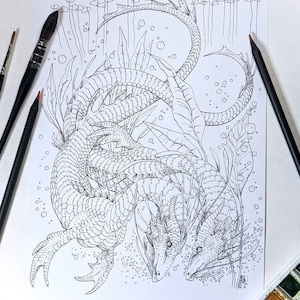May include: A black and white line drawing of two intertwined sea dragons with intricate details. The dragons are surrounded by bubbles and seaweed, creating a whimsical underwater scene.
