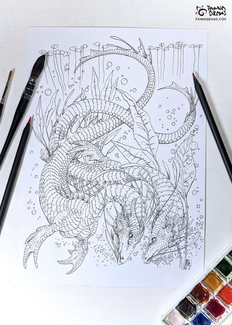 May include: A black and white line drawing of two intertwined sea dragons with intricate details. The dragons are surrounded by bubbles and seaweed, creating a whimsical underwater scene.