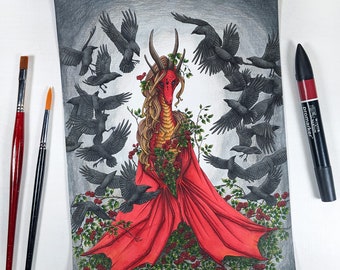 Red Dragon and Ravens with Roses original artwork, fantasy gift for dragon lovers, dragon illustration, raven gift, crow illustration