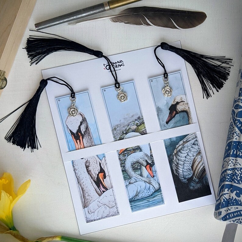 Swans of Ireland Paper Bookmark with tassel and rose charm, set of 3 swan artwork bookmarks bird lover gift for her, romantic gift image 6