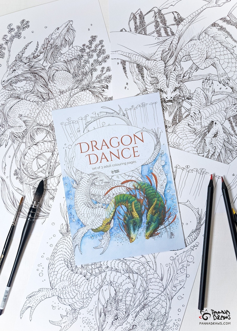 May include: A set of three adult coloring pages featuring intricate line drawings of dragons. The cover features two dragons dancing underwater with the title "Dragon Dance" and the text "Set of 3 adult coloring pages".