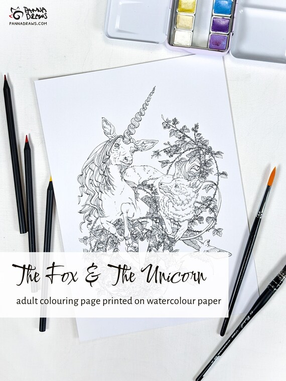 Fox and Unicorn Coloring Page With Roses Swallows - Etsy