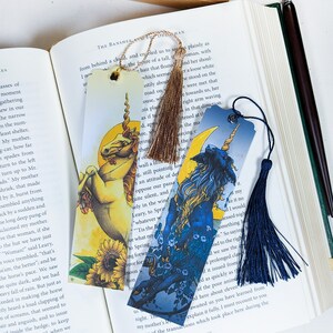 Stellar Unicorns Paper Bookmark set with tassel and heart charm, set of 2 unicorn bookmarks, book lover fantasy gift, unicorn lover gift