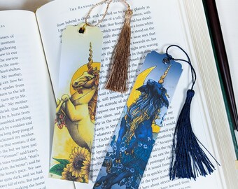 Stellar Unicorns - Paper Bookmarks with Tassel & Heart Charm (set of 2) | Fantasy Unicorn Book Lover Gift | Solar and Lunar Reader Gift