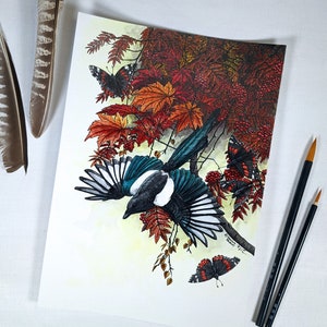 Magpie and butterflies original watercolor painting, magpie bird painting, magpie Irish art gift, magpie bedroom decor, magpie original art