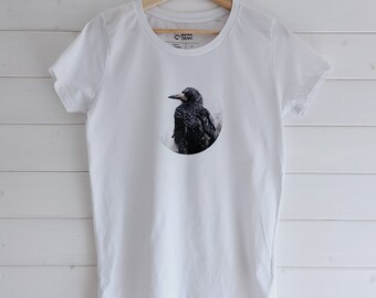 Crow t-shirt for women, Rook women's short sleeved tshirt, bird t-shirt gift for bird lovers, watercolor print shirt gift for her, girl gift