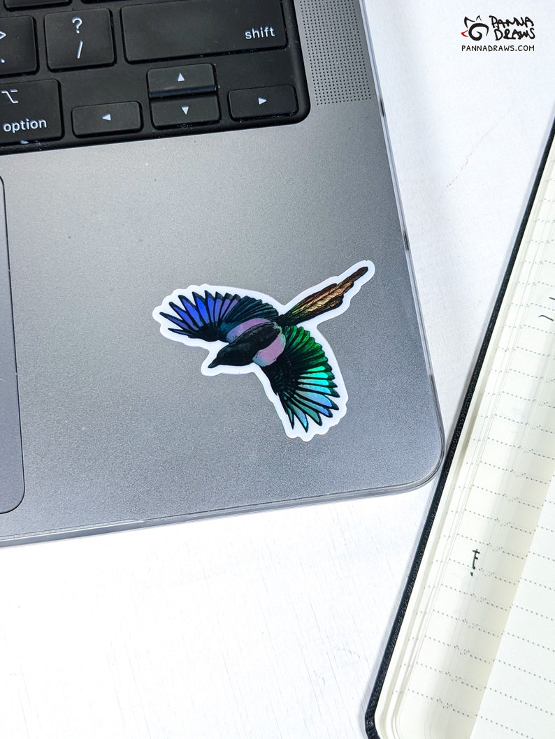 Holographic magpie sticker, holographic vinyl sticker, bird animal scrapbooking sticker, bird laptop decal, laptop decor, Irish magpie gift image 4