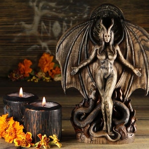 Lilith statue, Lilith, Lilith altar Ishtar Femme fatale Goddess statue Wiccan decor Sumerian Occult decor Wooden witchcraft kit Demon statue