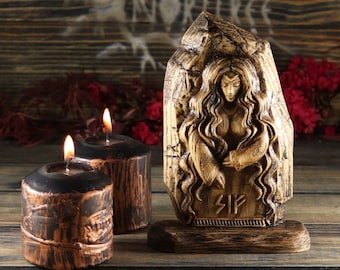 Estatua de la diosa Sif - Decoración de altar pagano nórdico - Tallado en madera de la mitología nórdica