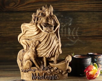 May include: A wooden carving of a woman holding a basket of fruit, with a dog at her feet. The carving is labeled "Nehalennia".