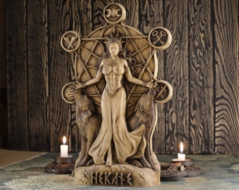 Hecate Statue: Greek Goddess Altar, Wiccan Decor Wood carving Sculpture