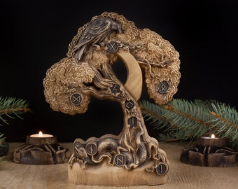 Yggdrasil Tree of Life Wood Carving: Norse Mythology Decor
