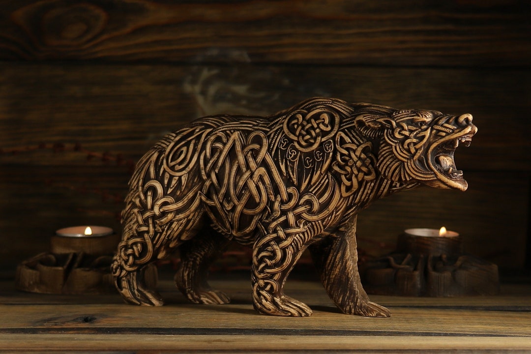 Viking Bear Sculpture, Hand Carved Celtic Wood Art, Husband
