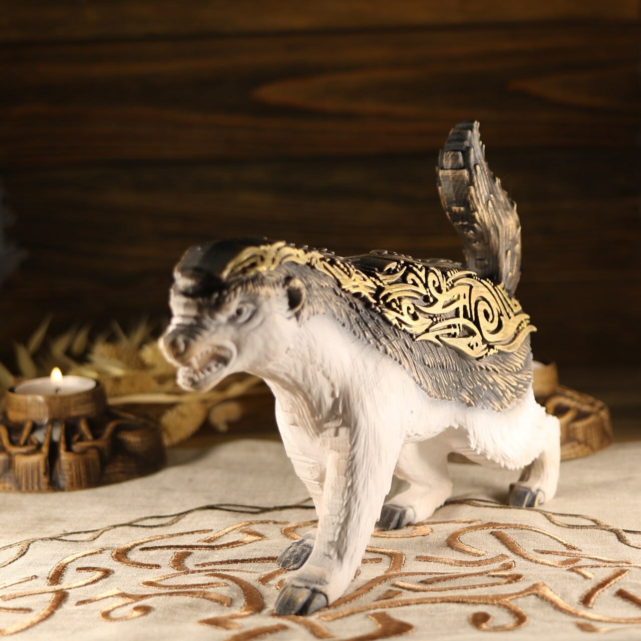 Carved Ash Wood Honey Badger Figurine: Gilded Animal Totem (9.0