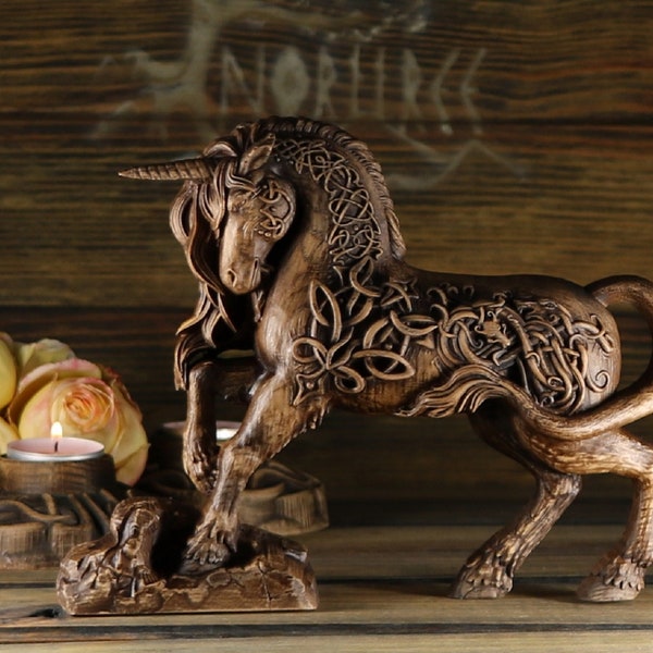 Unicorn sculpture, Horse statue, Wooden, Unicorn figurine, Mythical creatures, Unicorn carving Spirit animal Wood sculpture Wood carving